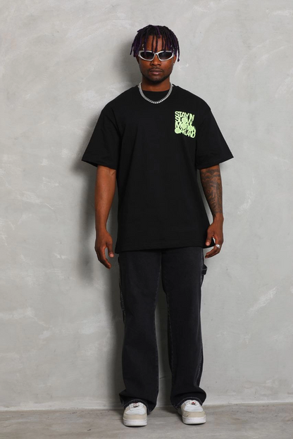 Oversize Baskılı Bisiklet Yaka T-Shirt - Siyah -