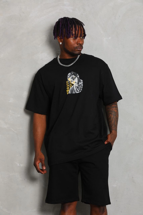 Oversize Baskılı Bisiklet Yaka T-Shirt - Siyah -
