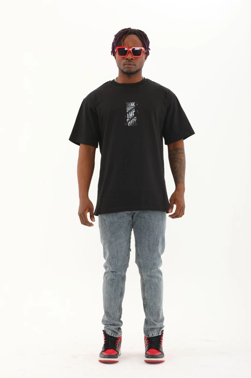Oversize Baskılı Bisiklet Yaka T-Shirt - Siyah -
