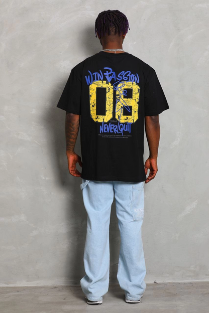 Oversize Baskılı Bisiklet Yaka T-Shirt - Siyah -