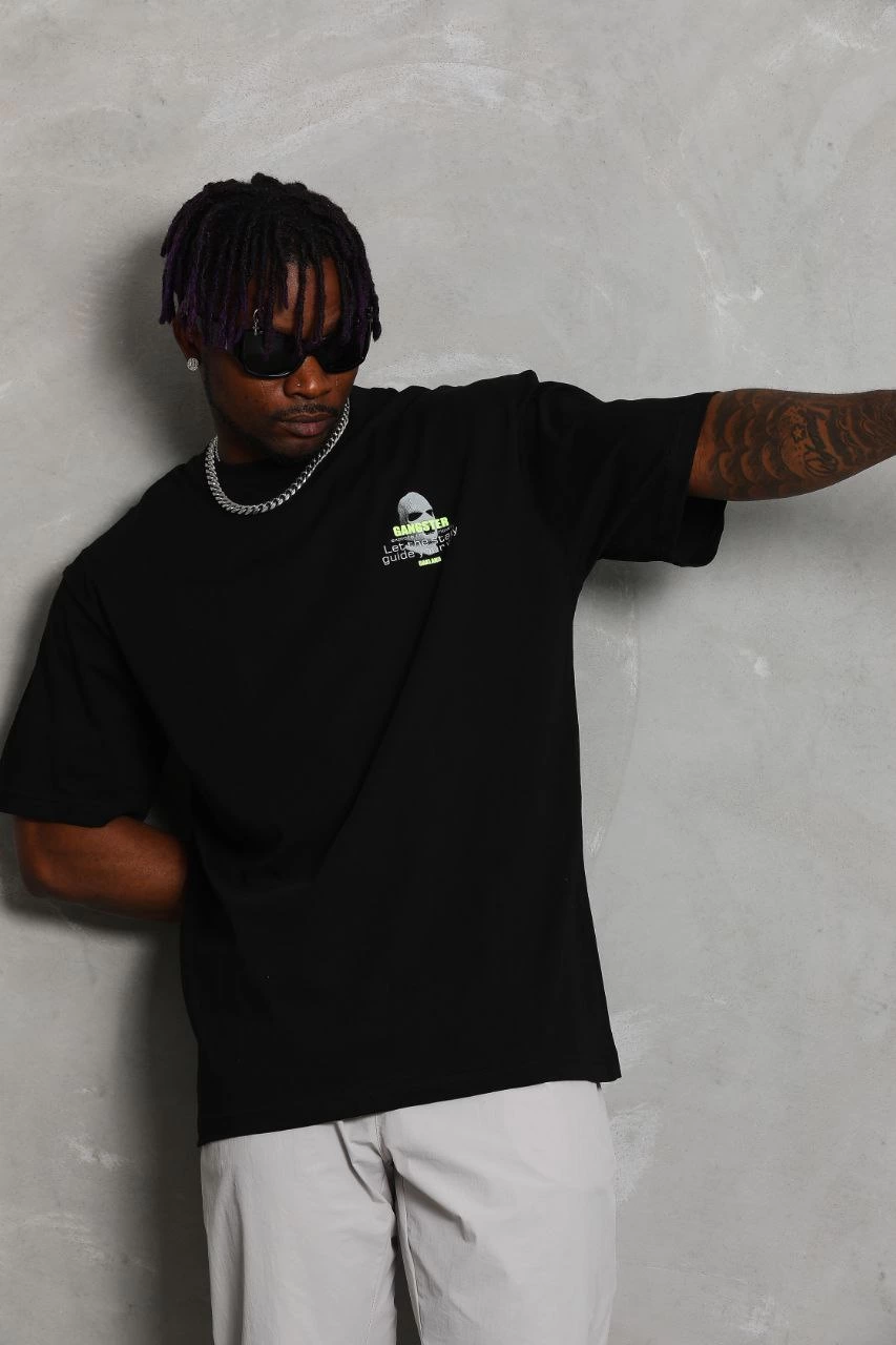 Oversize Baskılı Bisiklet Yaka T-Shirt - Siyah -