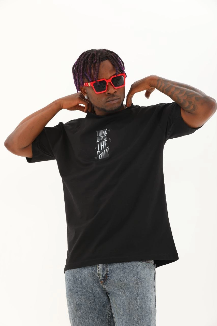 Oversize Baskılı Bisiklet Yaka T-Shirt - Siyah -