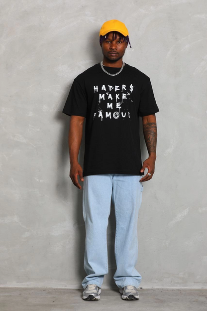 Oversize Baskılı Bisiklet Yaka T-Shirt - Siyah -