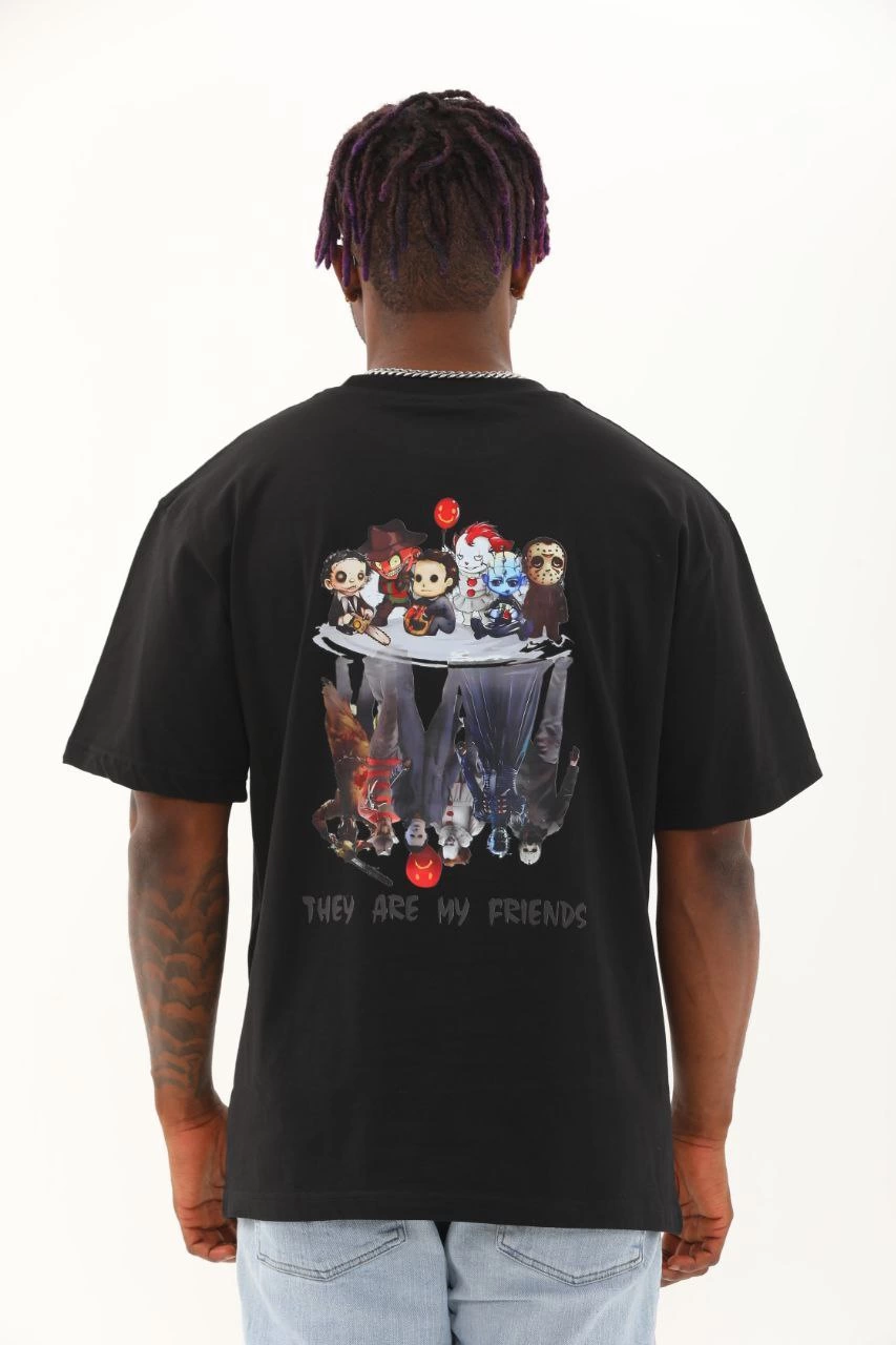Oversize Baskılı Bisiklet Yaka T-Shirt - Siyah -