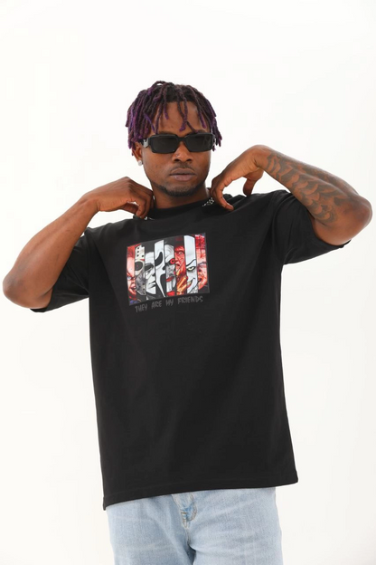 Oversize Baskılı Bisiklet Yaka T-Shirt - Siyah -