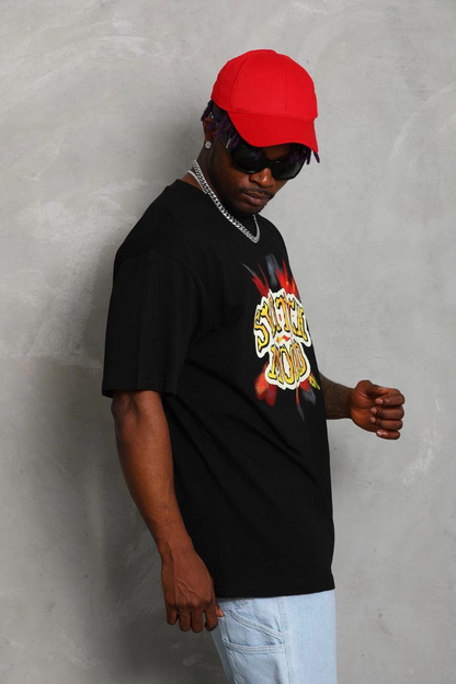Oversize Baskılı Bisiklet Yaka T-Shirt - Siyah -