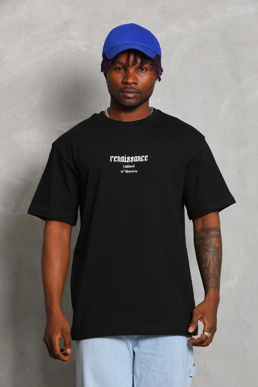 Oversize Baskılı Bisiklet Yaka T-Shirt - Siyah -