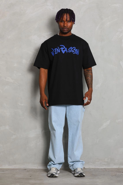 Oversize Baskılı Bisiklet Yaka T-Shirt - Siyah -
