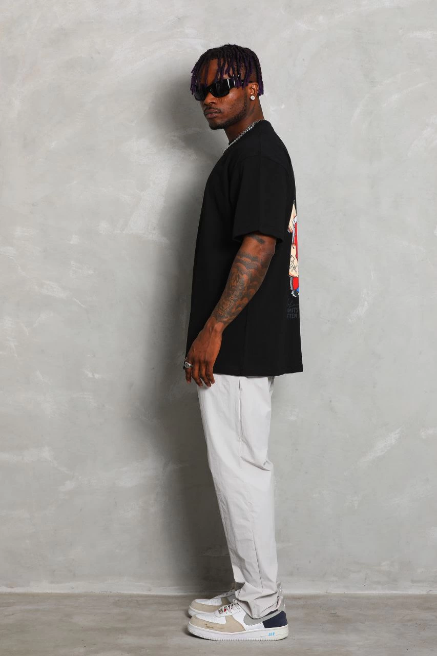 Oversize Baskılı Bisiklet Yaka T-Shirt - Siyah -