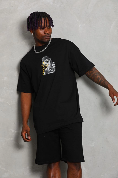 Oversize Baskılı Bisiklet Yaka T-Shirt - Siyah -