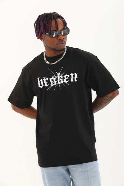 Oversize Baskılı Bisiklet Yaka T-Shirt - Siyah -