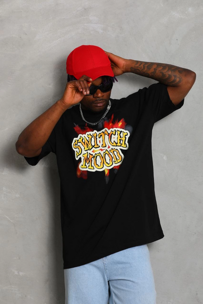 Oversize Baskılı Bisiklet Yaka T-Shirt - Siyah -