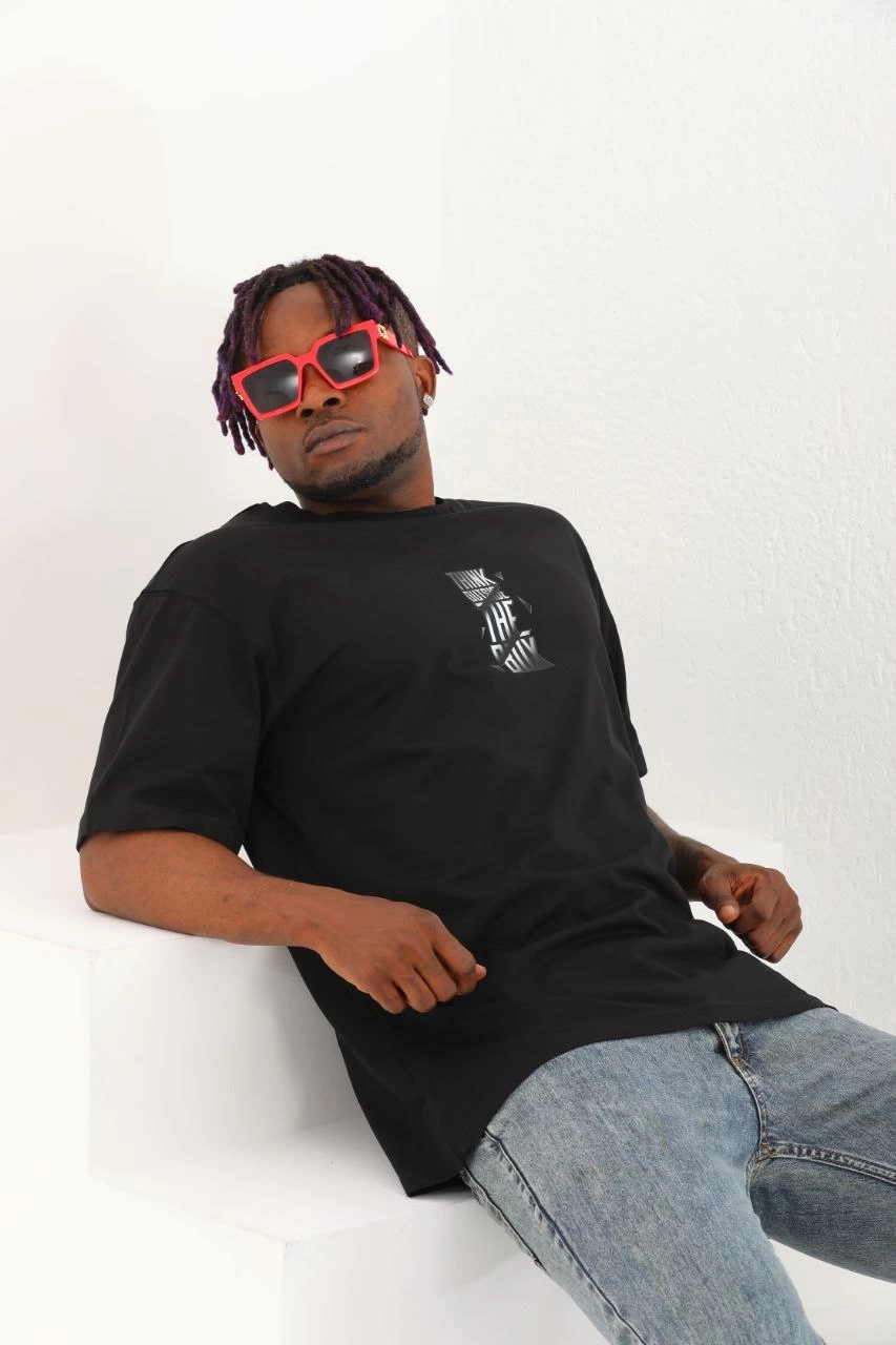 Oversize Baskılı Bisiklet Yaka T-Shirt - Siyah -