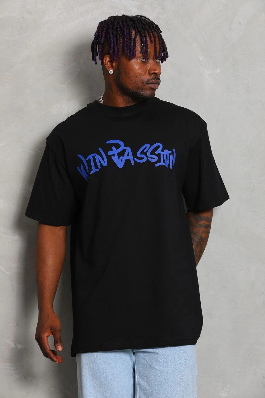Oversize Baskılı Bisiklet Yaka T-Shirt - Siyah -