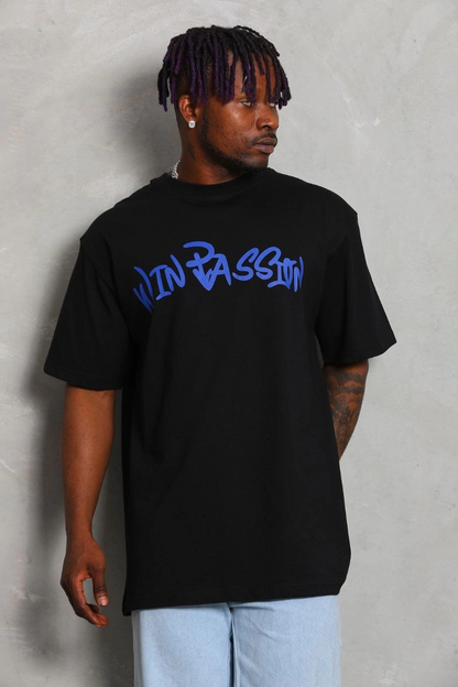 Oversize Baskılı Bisiklet Yaka T-Shirt - Siyah -