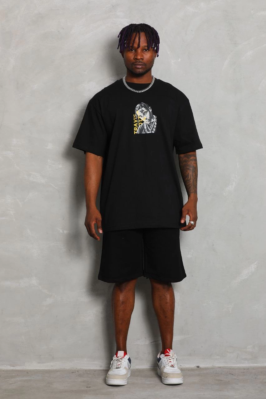 Oversize Baskılı Bisiklet Yaka T-Shirt - Siyah -