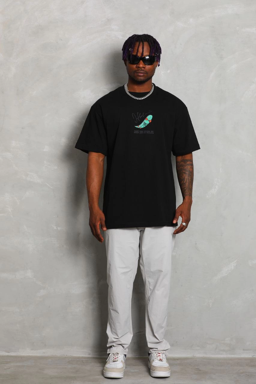 Oversize Baskılı Bisiklet Yaka T-Shirt - Siyah -