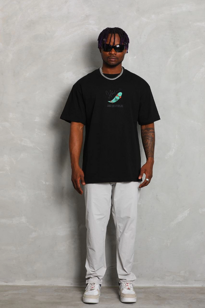 Oversize Baskılı Bisiklet Yaka T-Shirt - Siyah -