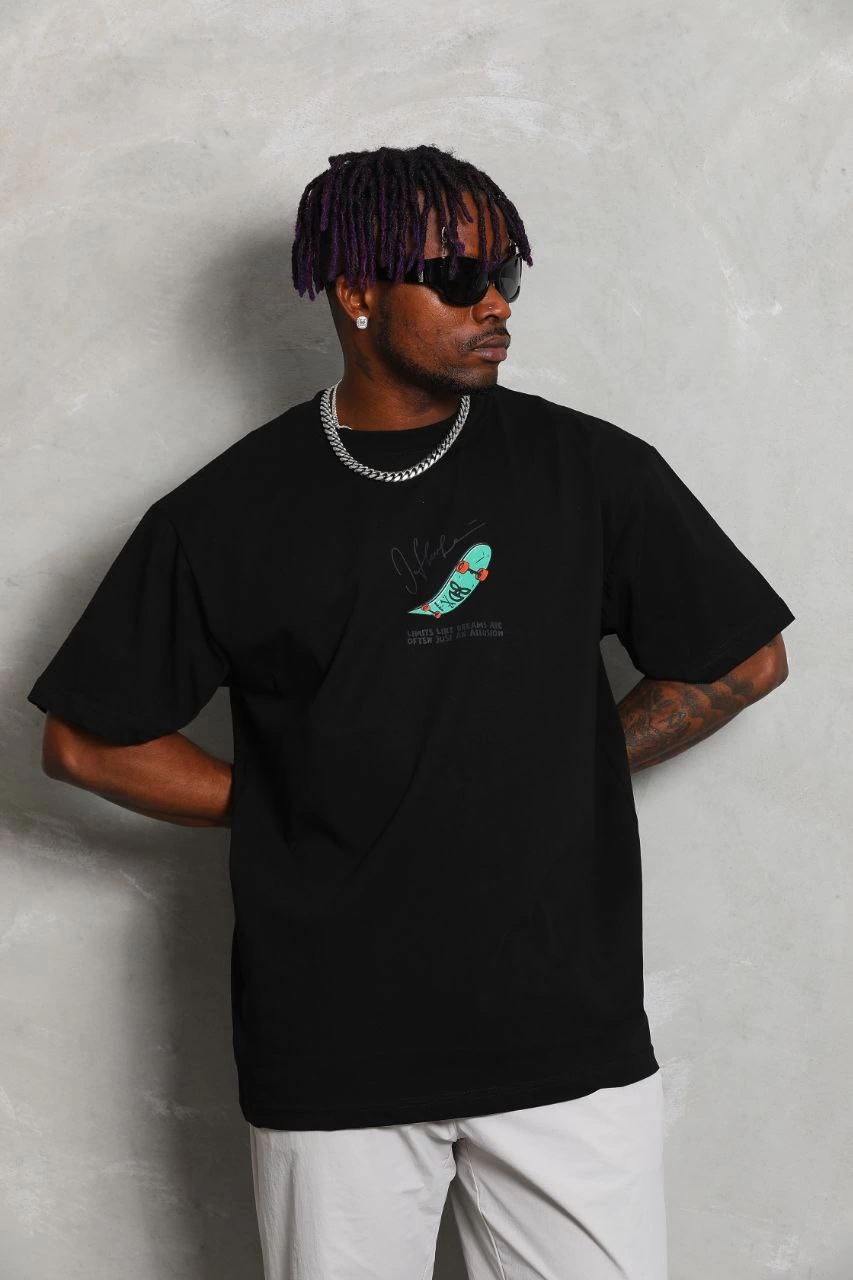 Oversize Baskılı Bisiklet Yaka T-Shirt - Siyah -