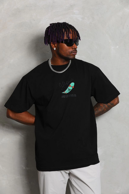 Oversize Baskılı Bisiklet Yaka T-Shirt - Siyah -