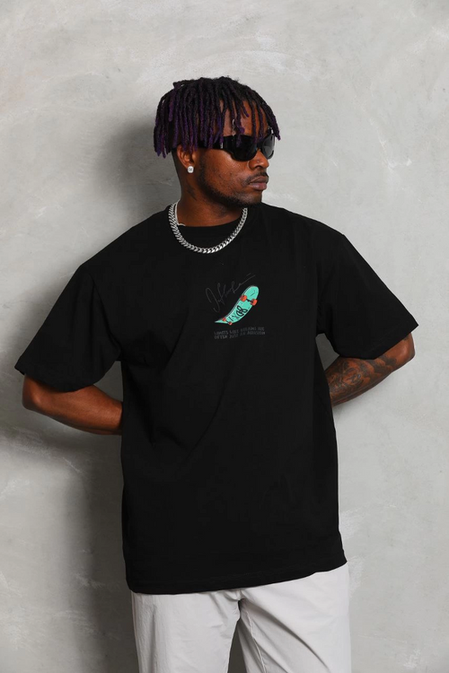 Oversize Baskılı Bisiklet Yaka T-Shirt - Siyah -
