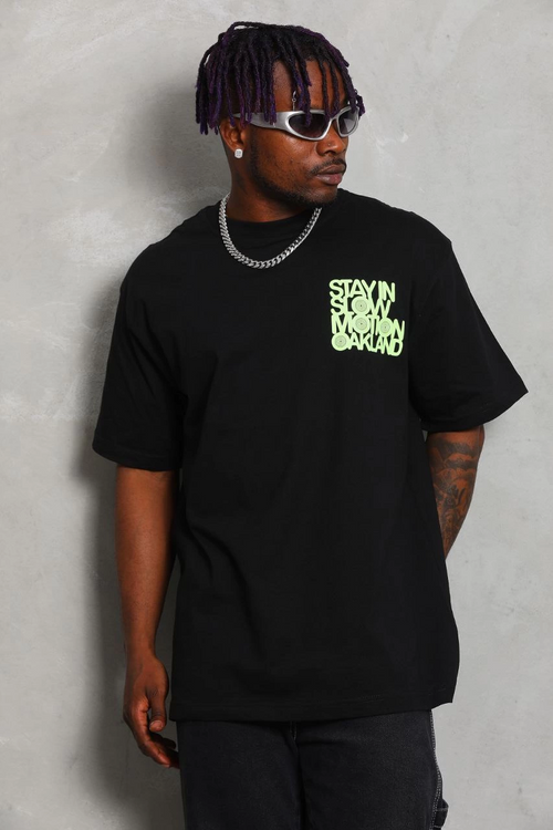 Oversize Baskılı Bisiklet Yaka T-Shirt - Siyah -