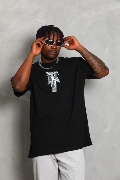 Oversize Baskılı Bisiklet Yaka T-Shirt - Siyah -
