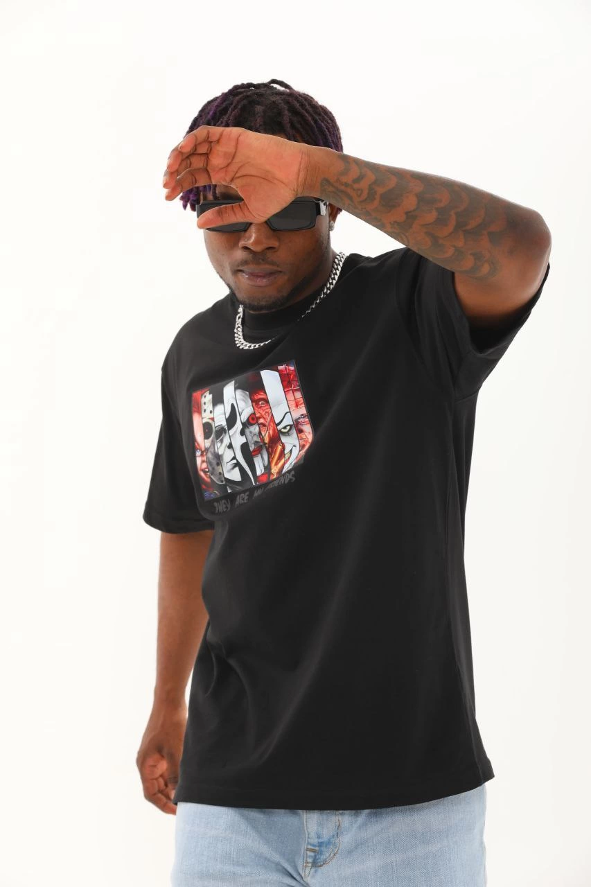 Oversize Baskılı Bisiklet Yaka T-Shirt - Siyah -