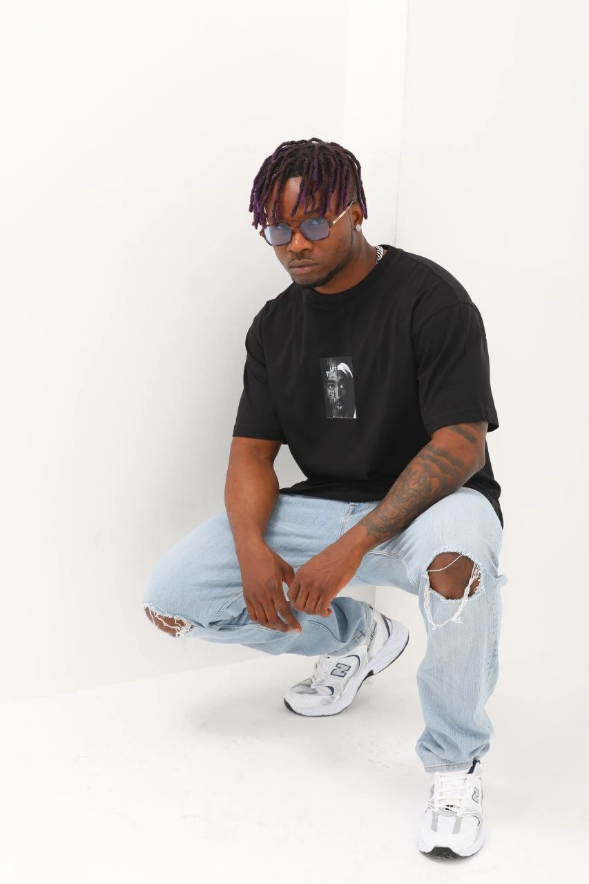 Oversize Baskılı Bisiklet Yaka T-Shirt - Siyah -