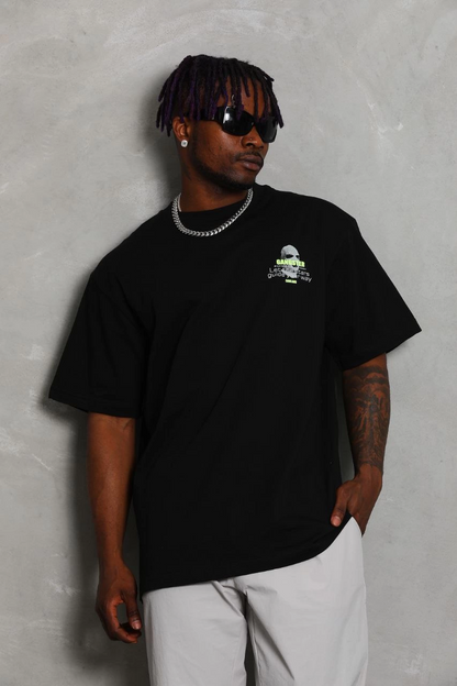 Oversize Baskılı Bisiklet Yaka T-Shirt - Siyah -