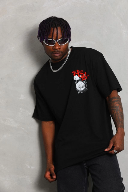 Oversize Baskılı Bisiklet Yaka T-Shirt - Siyah -