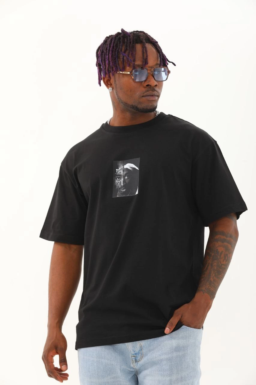 Oversize Baskılı Bisiklet Yaka T-Shirt - Siyah -