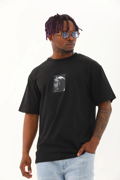 Oversize Baskılı Bisiklet Yaka T-Shirt - Siyah -