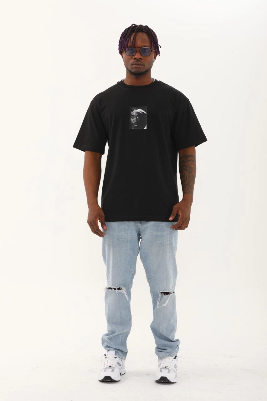 Oversize Baskılı Bisiklet Yaka T-Shirt - Siyah -