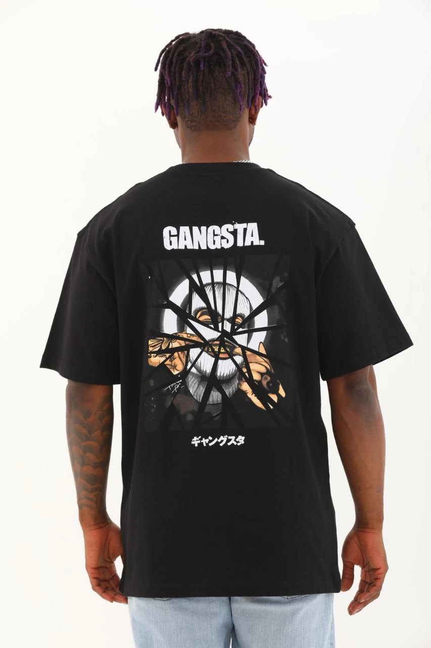 Oversize Baskılı Bisiklet Yaka T-Shirt - Siyah -