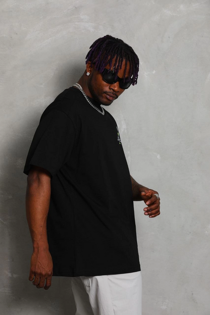 Oversize Baskılı Bisiklet Yaka T-Shirt - Siyah -