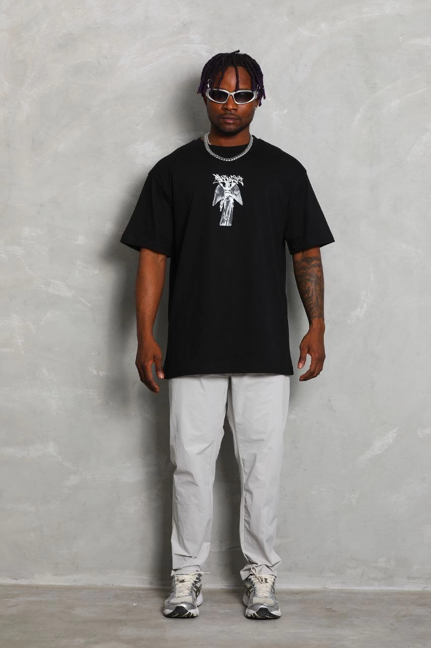 Oversize Baskılı Bisiklet Yaka T-Shirt - Siyah -