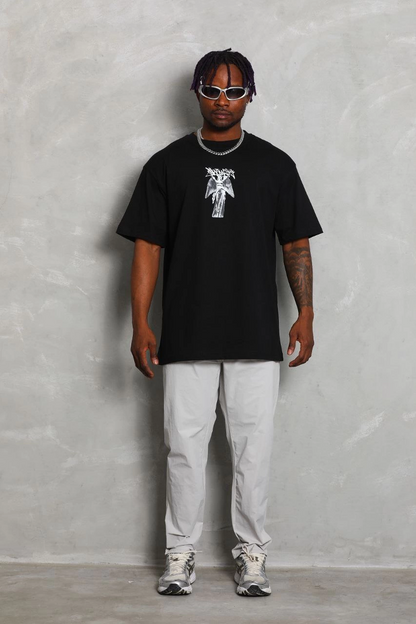 Oversize Baskılı Bisiklet Yaka T-Shirt - Siyah -