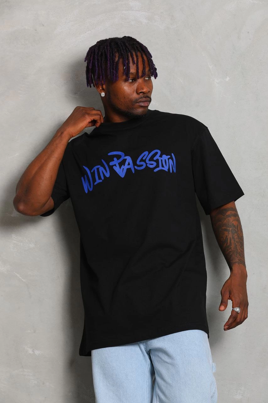 Oversize Baskılı Bisiklet Yaka T-Shirt - Siyah -