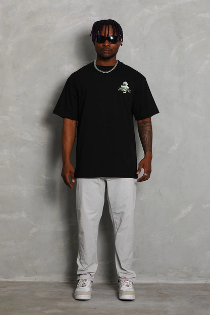 Oversize Baskılı Bisiklet Yaka T-Shirt - Siyah -