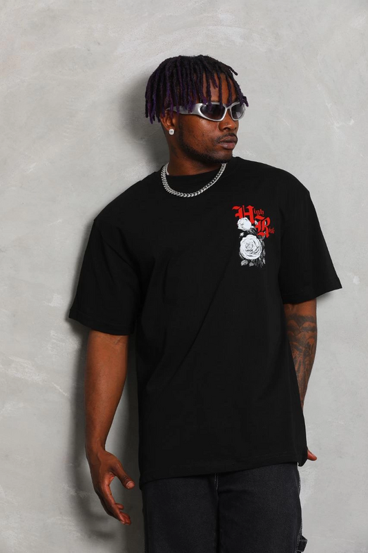 Oversize Baskılı Bisiklet Yaka T-Shirt - Siyah -