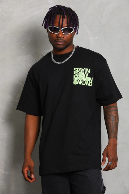 Oversize Baskılı Bisiklet Yaka T-Shirt - Siyah -