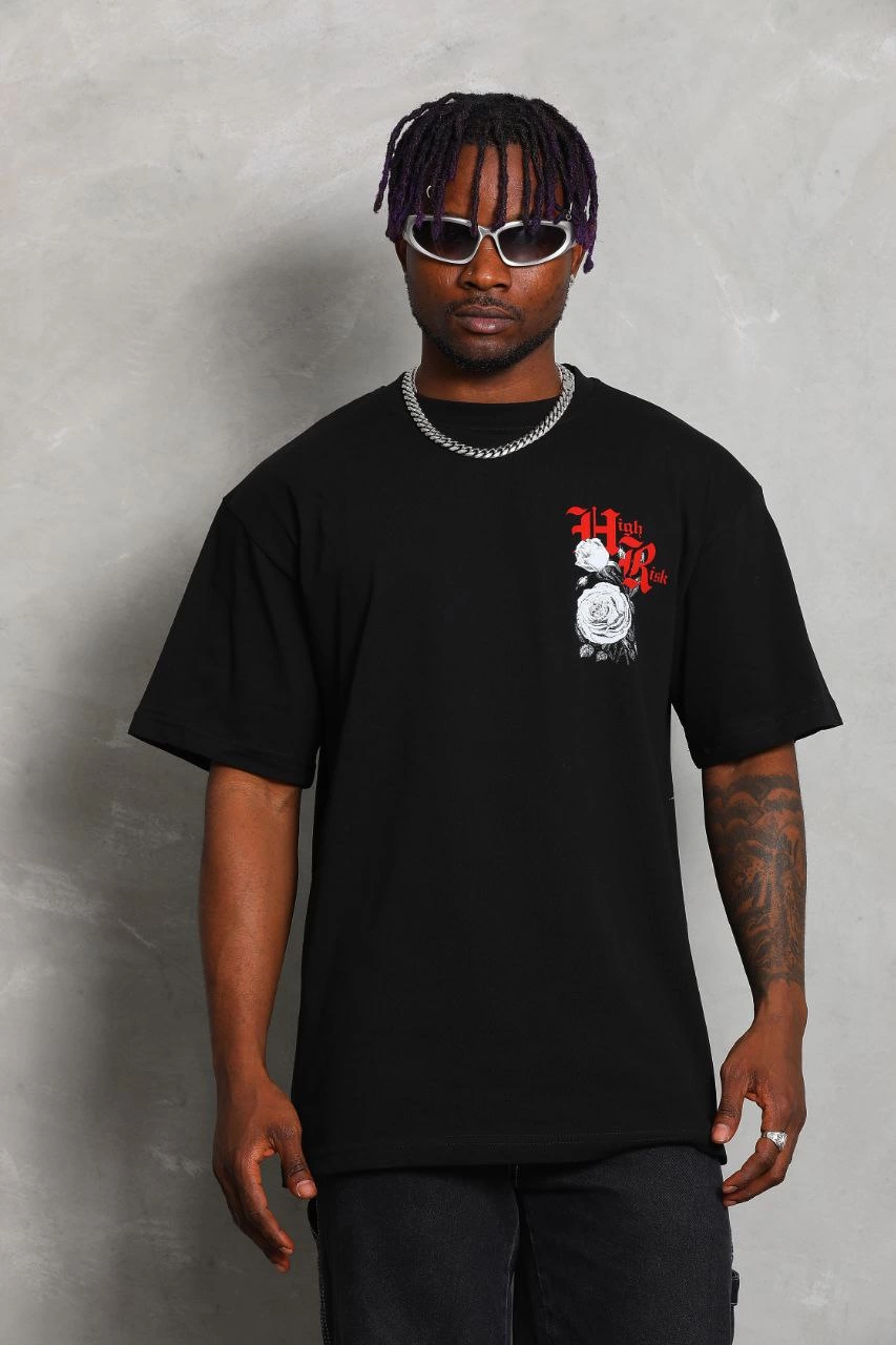 Oversize Baskılı Bisiklet Yaka T-Shirt - Siyah -