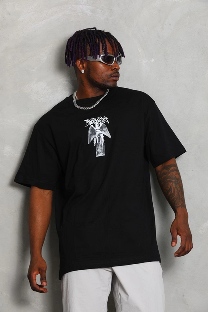 Oversize Baskılı Bisiklet Yaka T-Shirt - Siyah -