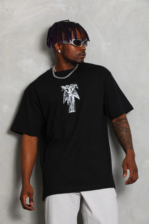 Oversize Baskılı Bisiklet Yaka T-Shirt - Siyah -