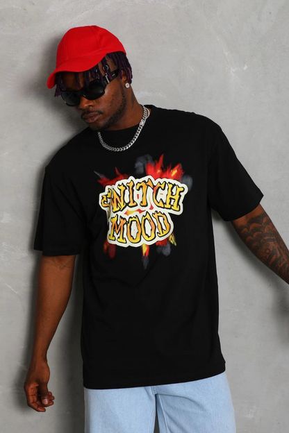 Oversize Baskılı Bisiklet Yaka T-Shirt - Siyah -
