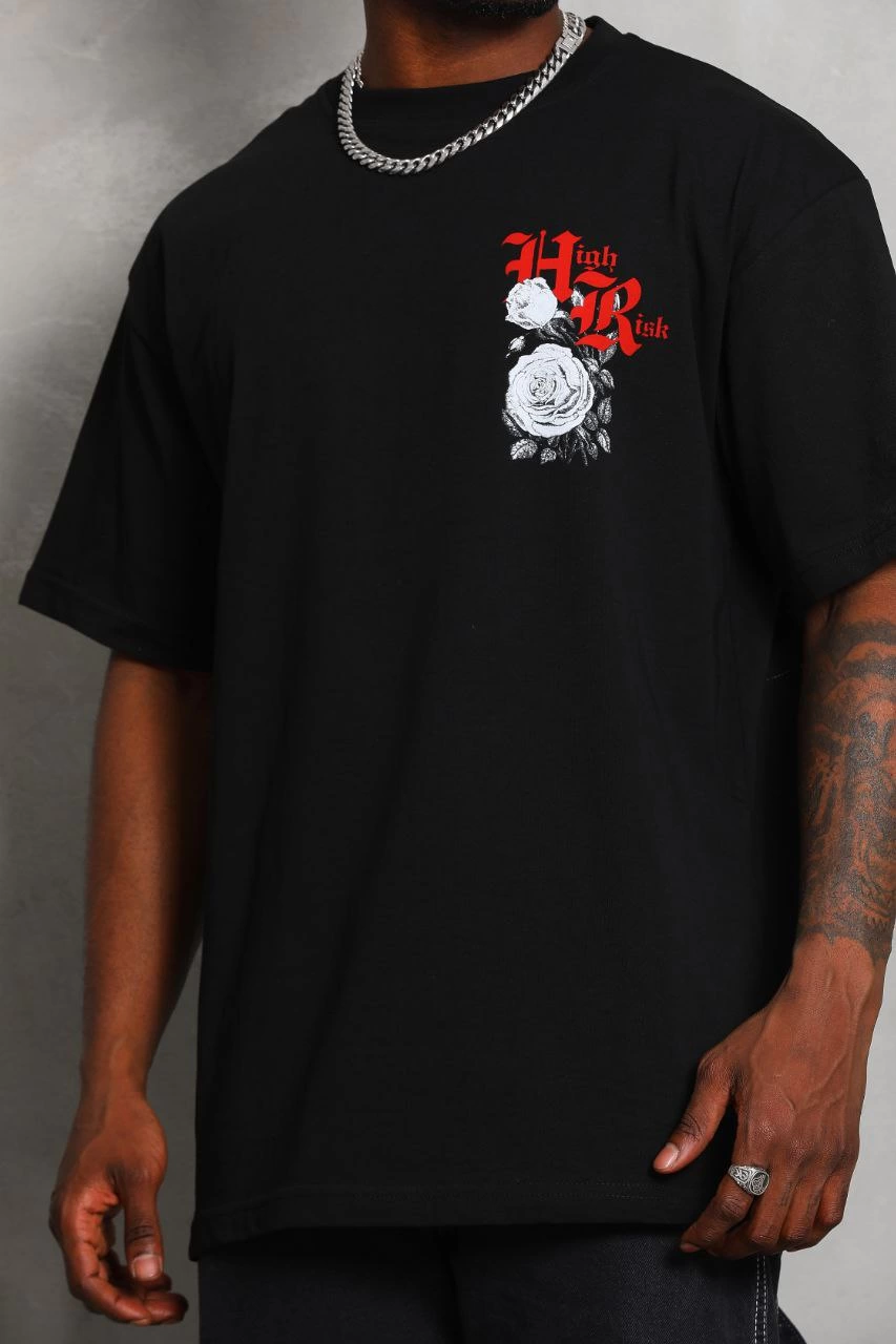 Oversize Baskılı Bisiklet Yaka T-Shirt - Siyah -