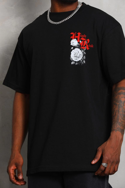 Oversize Baskılı Bisiklet Yaka T-Shirt - Siyah -