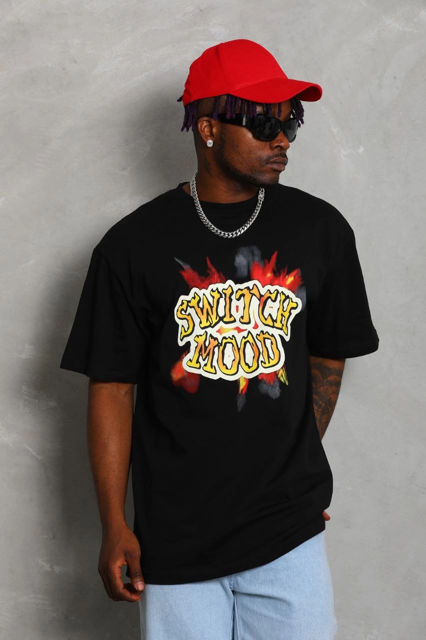 Oversize Baskılı Bisiklet Yaka T-Shirt - Siyah -