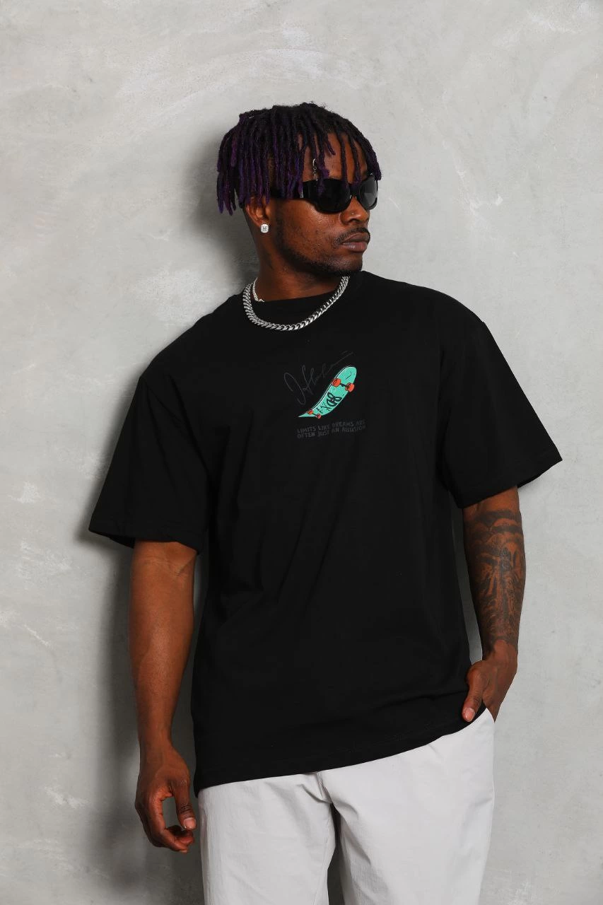 Oversize Baskılı Bisiklet Yaka T-Shirt - Siyah -
